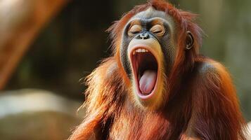 An oranguel monkey yawning with its mouth open photo