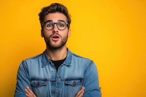 Surprised man with glasses on yellow background photo