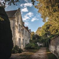 A path leads to a house with trees and bushes photo