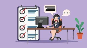 Businesswoman at a Call Center Managing Communication and Productivity with a Checklist. vector