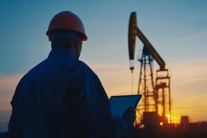 Oil worker monitors operations at sunset near drilling site with tablet in hand photo