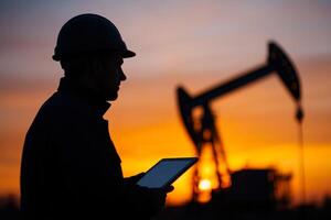 Worker analyzes data using tablet against oil pump silhouette during sunset in the field photo