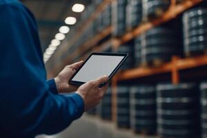 Worker using tablet in a warehouse to manage inventory of barrels during the daytime photo