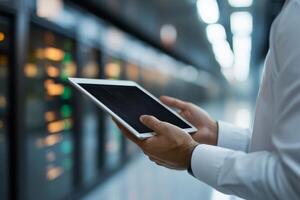 Professional using tablet to monitor servers in a modern data center during the day photo