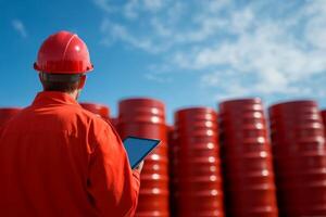 Worker in safety gear checks inventory near red storage barrels in a clear sky environment photo