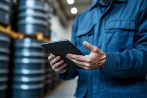 Worker uses tablet to check inventory in a warehouse filled with barrels during the day photo