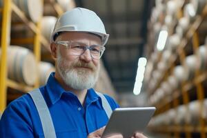 Senior worker in hard hat and glasses checks inventory using tablet in a warehouse filled with barrels photo
