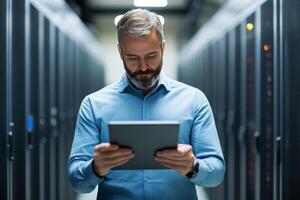 IT professional monitors server performance using a tablet inside a data center during the afternoon shift photo