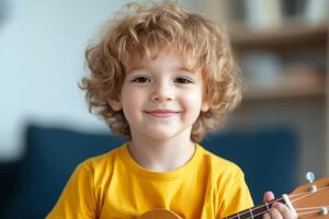 Young child with curly hair smiles while playing a ukulele indoors in a cozy setting photo