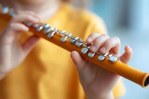 Child playing a bright yellow flute indoors with focus on hands and instrument details during a sunny afternoon photo