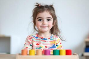Young girl joyfully playing with colorful blocks in a bright indoor space during daylight hours photo