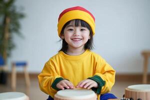 Young child plays drums happily in bright clothing during music activity at a classroom photo