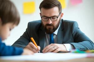 Man in suit focuses on drawing while young boy works on art in a learning environment photo