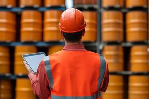 Worker checks inventory with tablet in orange storage area during afternoon in a warehouse photo