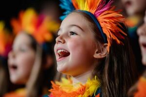Children perform joyfully in colorful outfits during a school choir event at the community center photo