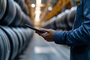 Warehouse setting with a person using a tablet among rows of metal coils during business hours photo