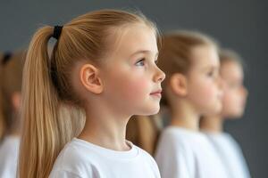 Young girls standing in line with focused expressions during a dance rehearsal in a studio photo