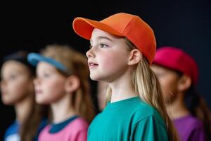 Young children wearing colorful caps participate in a group activity indoors during a workshop or event photo
