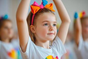 Young girl participates in colorful dance class with fellow students in bright setting during afternoon activity photo