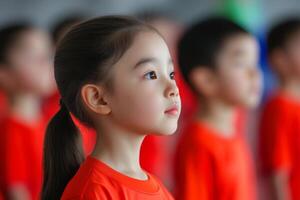 Children in matching red shirts participate in a group activity focused on teamwork and learning at a local community center photo