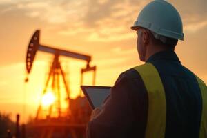 A worker wearing a hard hat and safety gear observes the oil rig during sunset, using a digital tablet to monitor extraction activities in a field setting photo