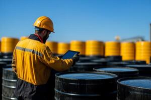 Worker checks data on tablet near yellow barrels in industrial yard during clear day photo