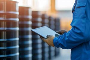 Worker in blue jacket uses tablet beside stacked black barrels in industrial setting during daylight hours photo