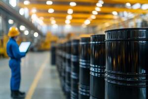 Workers inspect black barrels in a warehouse during daytime at an industrial site for quality control photo