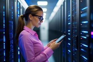 Woman using tablet in data center, surrounded by server racks and illuminated technology at night photo