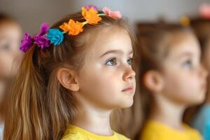 Young girl focused on activity while wearing colorful hair accessories during group event at community hall photo