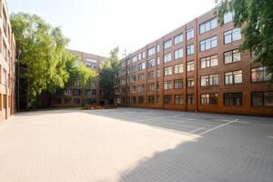 Bright courtyard in a modern school building with trees and clear blue sky inviting outdoor activities in the afternoon light photo