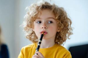 Young child playing a woodwind instrument during a music lesson in a bright studio photo
