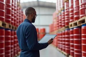 Professional observing inventory and managing logistics in warehouse filled with red barrels during daylight hours photo