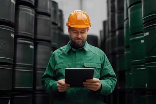 Worker in green uniform and hard hat checks inventory on tablet in warehouse filled with storage containers photo