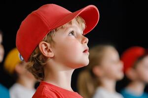 Young boy in a red cap looks up with curiosity during a performance at a community event in the evening photo