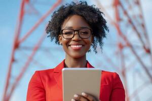 Smiling woman in red suit holds tablet outdoors near communication tower during sunny day photo
