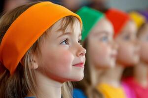 Children in colorful headbands focus on a performance during a school event showcasing talents and teamwork in spring photo
