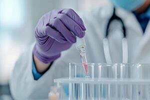 Scientist conducts chemical experiment in laboratory using dropper for precise measurements photo
