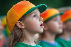 Children wearing colorful caps watch an outdoor event with expressions of curiosity and excitement in a lively park setting photo