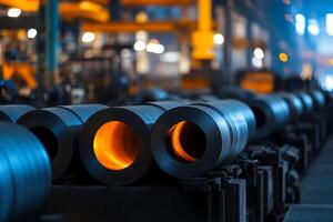 Steel tubes glowing in a manufacturing facility showcasing industrial processes during evening hours photo