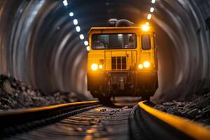 Underground mining vehicle navigates dark tunnel with illuminated tracks in an active excavation site photo