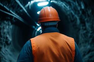 Worker in safety gear explores a dark tunnel with artificial lighting at a construction site photo
