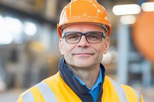 Safety manager in bright orange helmet and reflective vest smiling at industrial facility photo