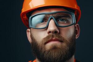 Construction worker with safety gear poses for a portrait in a studio setting photo