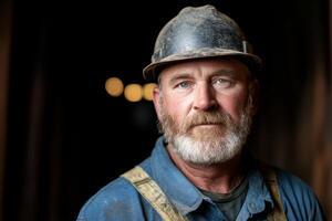 Miner poses for a portrait with rugged features, capturing decades of hard work in a dimly lit mine during evening hours photo