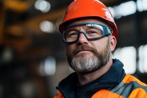 A construction worker stands in an industrial facility, wearing an orange hard hat and protective goggles. photo