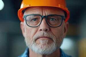 Experienced construction worker wearing safety gear and glasses, showcasing focus and determination in a work environment photo