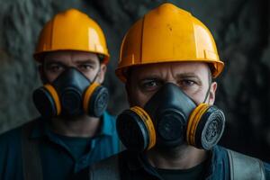 Miners in hard hats and masks prepare for their shift in a dimly lit tunnel at a coal mine photo