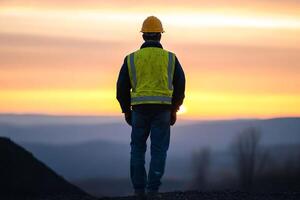 Construction worker observing sunset over hills while wearing safety gear in a rural landscape at dusk photo