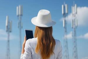 Woman in white hat uses tablet while standing near telecommunications towers under a clear blue sky photo